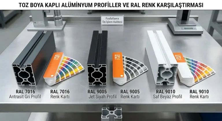 RAL Renk Kodu Nedir 7 Kaplanmış profil ile RAL renk kartı karşılaştırması — RAL 7016, RAL 9005, RAL 9010 toz boya renk onayı
