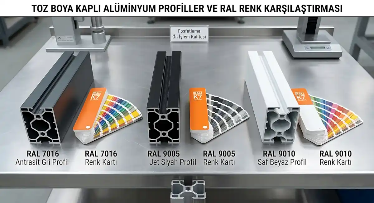 RAL Renk Kodu: Kaplanmış profil ile RAL renk kartı karşılaştırması — RAL 7016, RAL 9005, RAL 9010 toz boya renk onayı