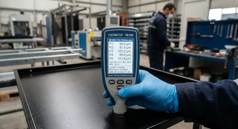 DIN 55633 standardı gereği 5 noktadan film kalınlığı ölçümü — tüm değerler 90–110 mikron aralığında