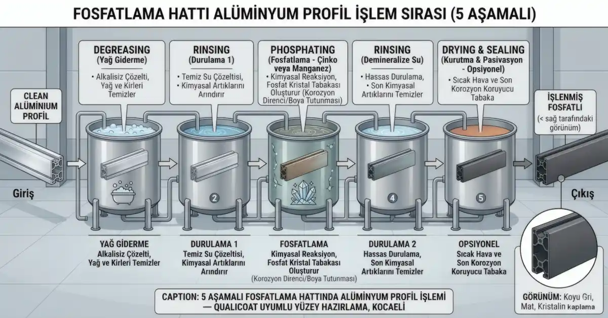 Kumlama Fosfatlama Farkı 5 aşamalı fosfatlama hattında alüminyum profil işlemi — QUALICOAT uyumlu yüzey hazırlama, Kocaeli