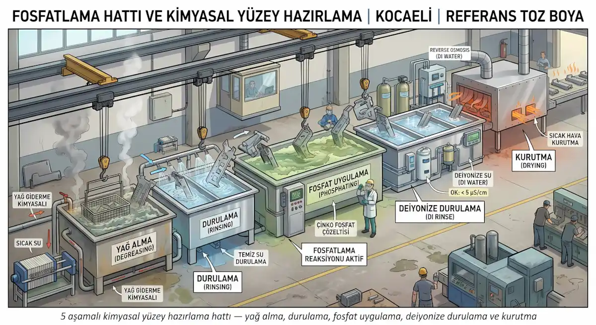 Metal Yüzey Hazırlama Aşamaları 3 5 aşamalı kimyasal metal yüzey hazırlama hattı — yağ alma, durulama, fosfat uygulama, deiyonize durulama ve kurutma