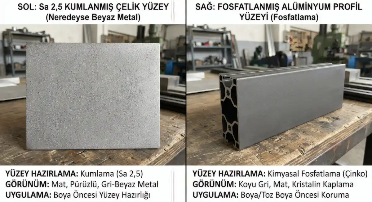 Sa 2,5 kumlama (çelik, sol) ve QUALICOAT uyumlu fosfatlama (alüminyum, sağ) — kumlama fosfatlama farklı yüzey hazırlama yönteminin sonucu
